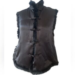 Vintage Team Asian Satin Black Fur-Trimmed Vest High Collar Frog Closures 42